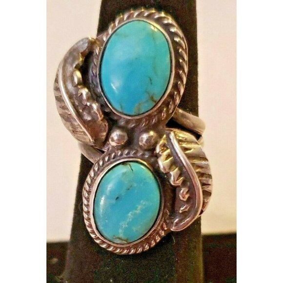 Navajo Turquoise Silver Feather ring Vintage 5.25 - Picture 1 of 6